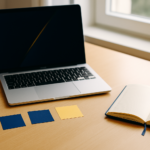 Mesa demonstrando hábitos produtivos com elementos de produtividade como notebook, café e agenda