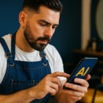 Profissional autônomo usando inteligência artificial para autônomos no celular para organizar sua rotina