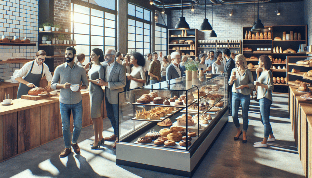Padaria moderna com pães frescos e clientes