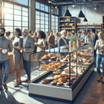 Padaria moderna com pães frescos e clientes