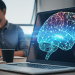 Cérebro de IA com dados e linhas de conexão representando como a IA memoriza dados e generaliza informações.