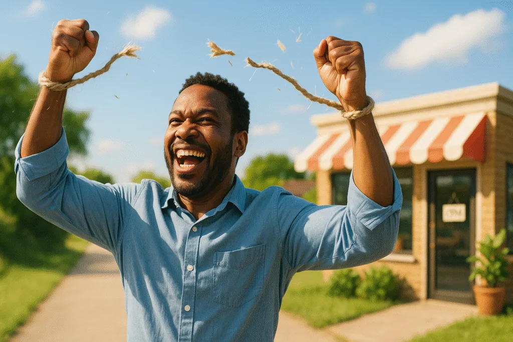 Microempreendedor alcançando felicidade profissional ao superar expectativas limitantes.