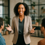 Pessoa ensinando oratória para empreendedores em um workshop