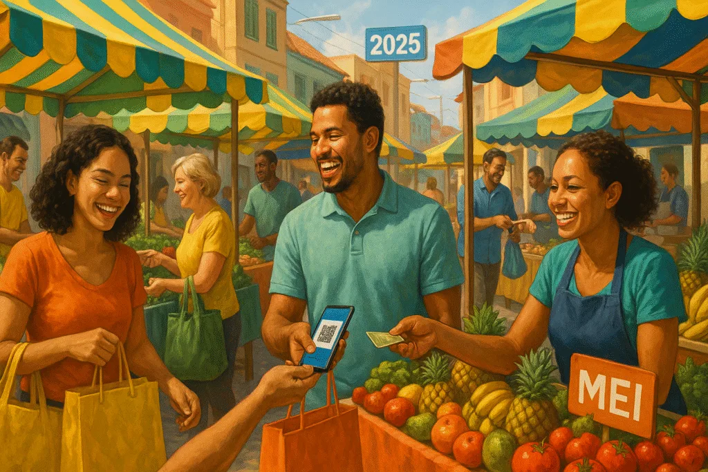 Mercado local brasileiro com pessoas comprando de pequenos negócios, simbolizando o aumento do poder de compra e crescimento econômico em 2025.