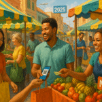 Mercado local brasileiro com pessoas comprando de pequenos negócios, simbolizando o aumento do poder de compra e crescimento econômico em 2025.