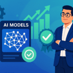 Gráfico com barras de avaliação de IA e um empreendedor confiante, simbolizando a Avaliação de Modelos de IA para MEI e a garantia de qualidade para seu negócio.