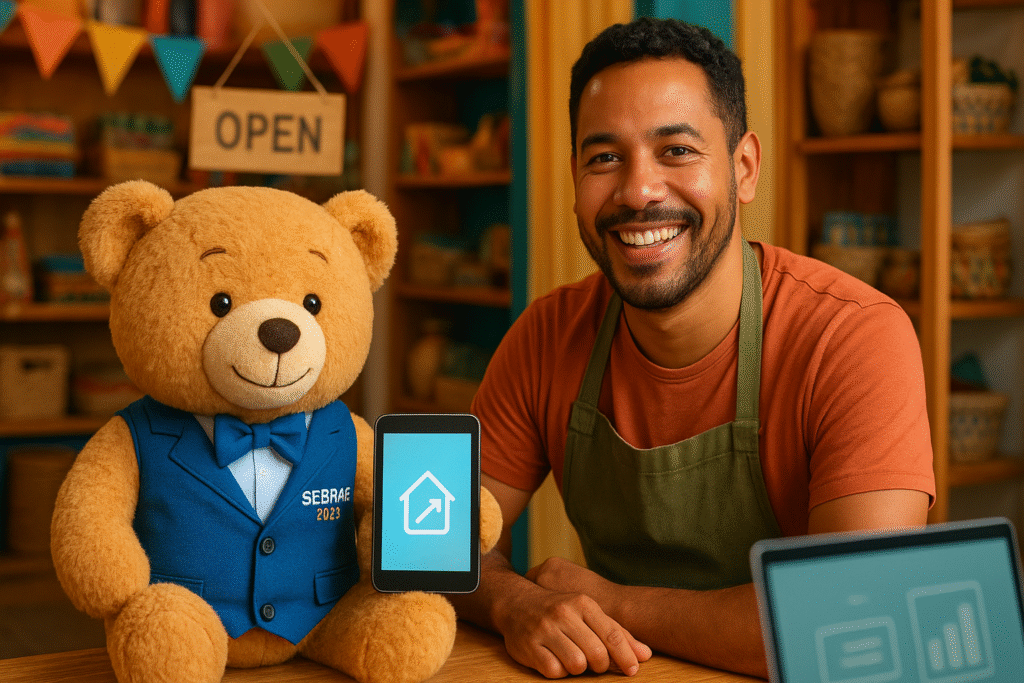 Ursinho Sebrae e microempreendedor buscando crédito em 2025