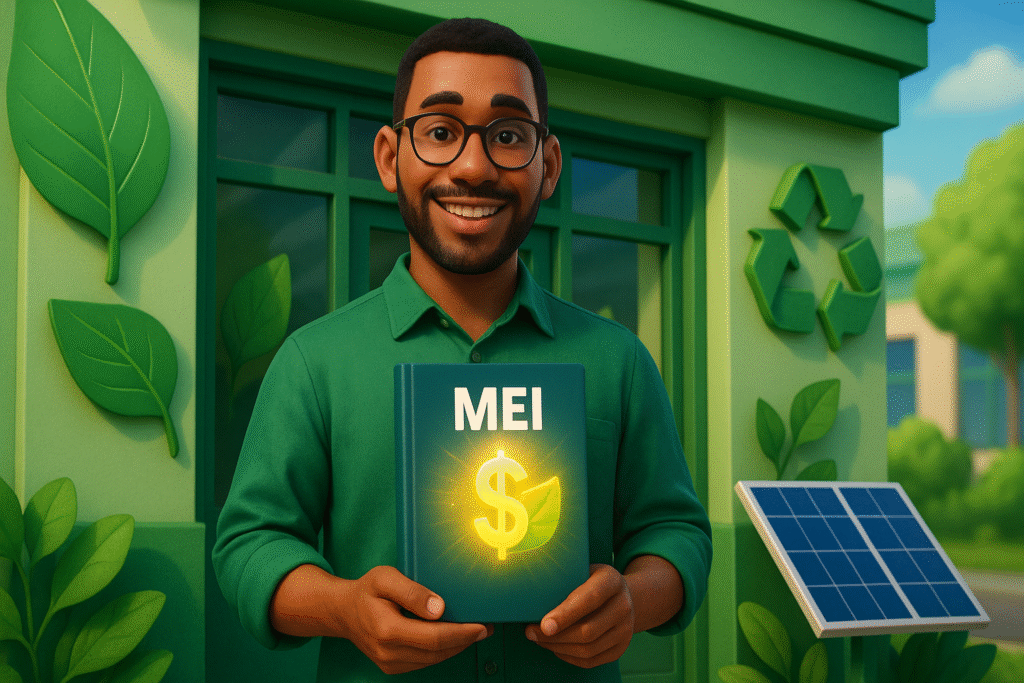Microempreendedor com guia de Crédito Verde MEI 2025, simbolizando financiamento sustentável