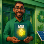 Microempreendedor com guia de Crédito Verde MEI 2025, simbolizando financiamento sustentável