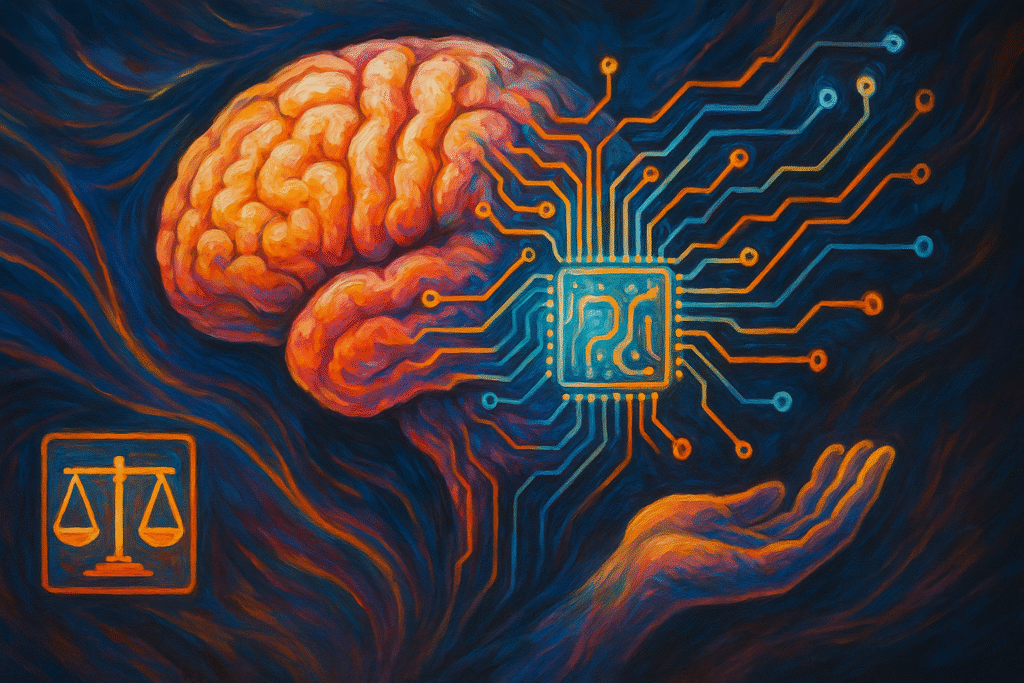 Criatividade e IA: Impulsione a Inovação com Ética no Empreendedorismo 1 Criatividade humana e inteligência artificial trabalhando em sinergia