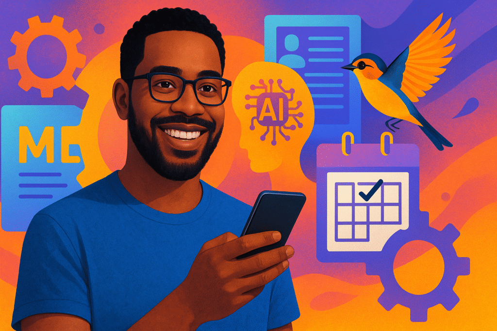 MEI utilizando um smartphone para gerenciar licenças de funcionários com inteligência artificial, simbolizando a otimização de processos e conformidade trabalhista.