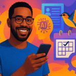 MEI utilizando um smartphone para gerenciar licenças de funcionários com inteligência artificial, simbolizando a otimização de processos e conformidade trabalhista.