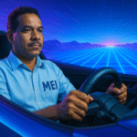 MEI Driver de IA controlando um carro futurista em estrada digital