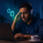 Empreendedor concentrado em laptop, simbolizando o impacto dos vídeos acelerados na produtividade