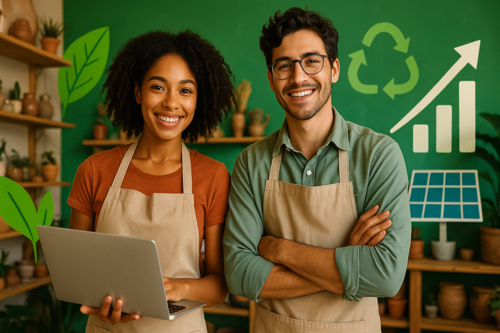 Microempreendedores no Mercado de Carbono MEI 2025 com símbolos de sustentabilidade