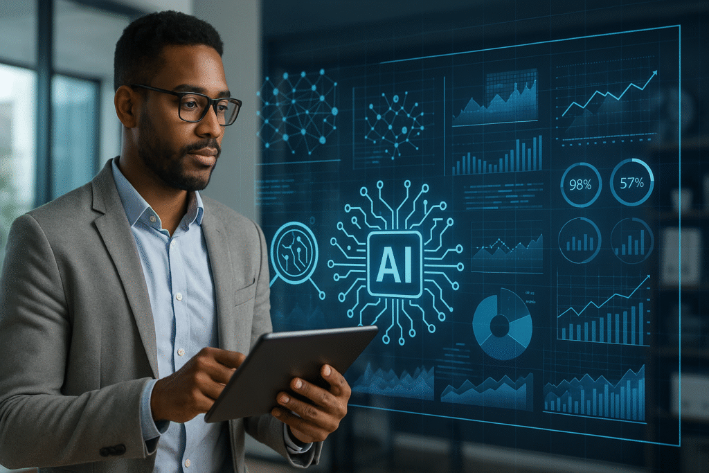 Empreendedor utilizando Pesquisa Profunda com IA para otimização de negócios