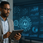 Empreendedor utilizando Pesquisa Profunda com IA para otimização de negócios