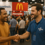 Empreendedor sorrindo em estande do Sebrae na Feira de Franquias