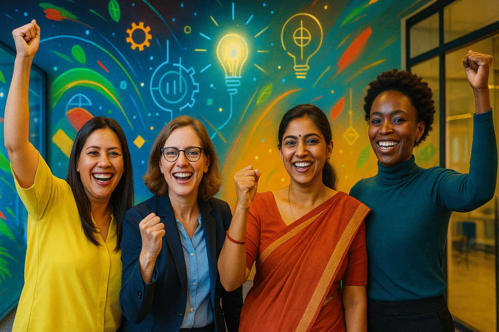 Mulheres empreendedoras celebrando o sucesso das startups BRICS