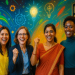 Mulheres empreendedoras celebrando o sucesso das startups BRICS