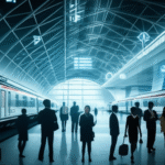 Estação de trem futurista com MEIs se adaptando à Inteligência Artificial