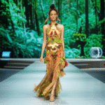 Modelo desfilando roupa de bioeconomia e moda sustentável da Amazônia na SPFW 2025 para MEI