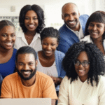 Grupo de empreendedores negros brasileiros celebrando o sucesso e a busca por equidade no MEI em 2025.