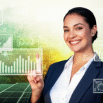 Empreendedora MEI utilizando tecnologia para negócios sustentáveis na Pré-COP30, representando a ação climática.